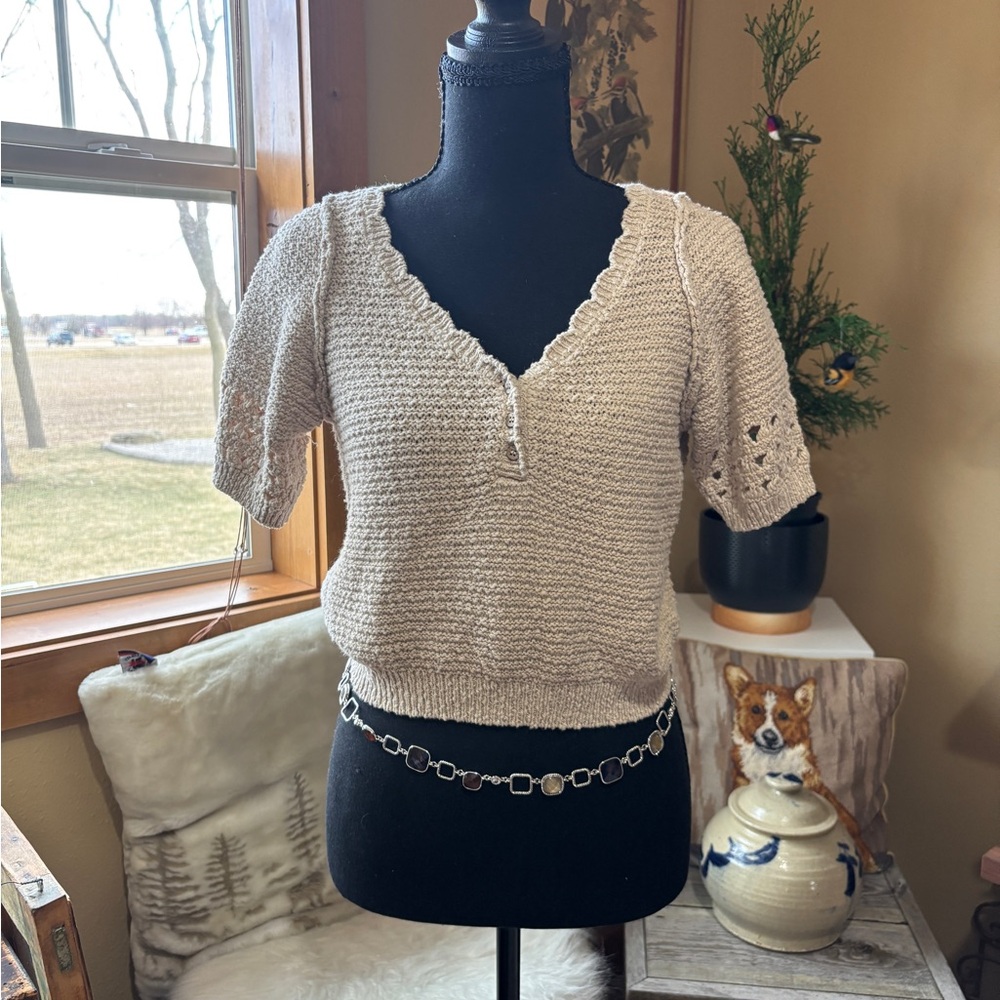 Free People Cream Crochet V-Neck Top